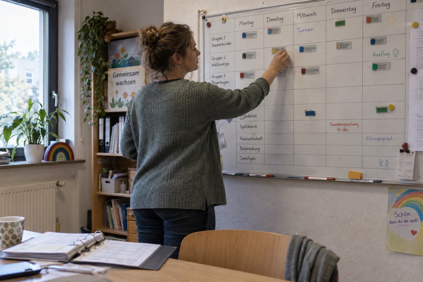 Eine Mitarbeiterin aktualisiert den Wochenplan an einer Magnettafel im Kita-Teamraum