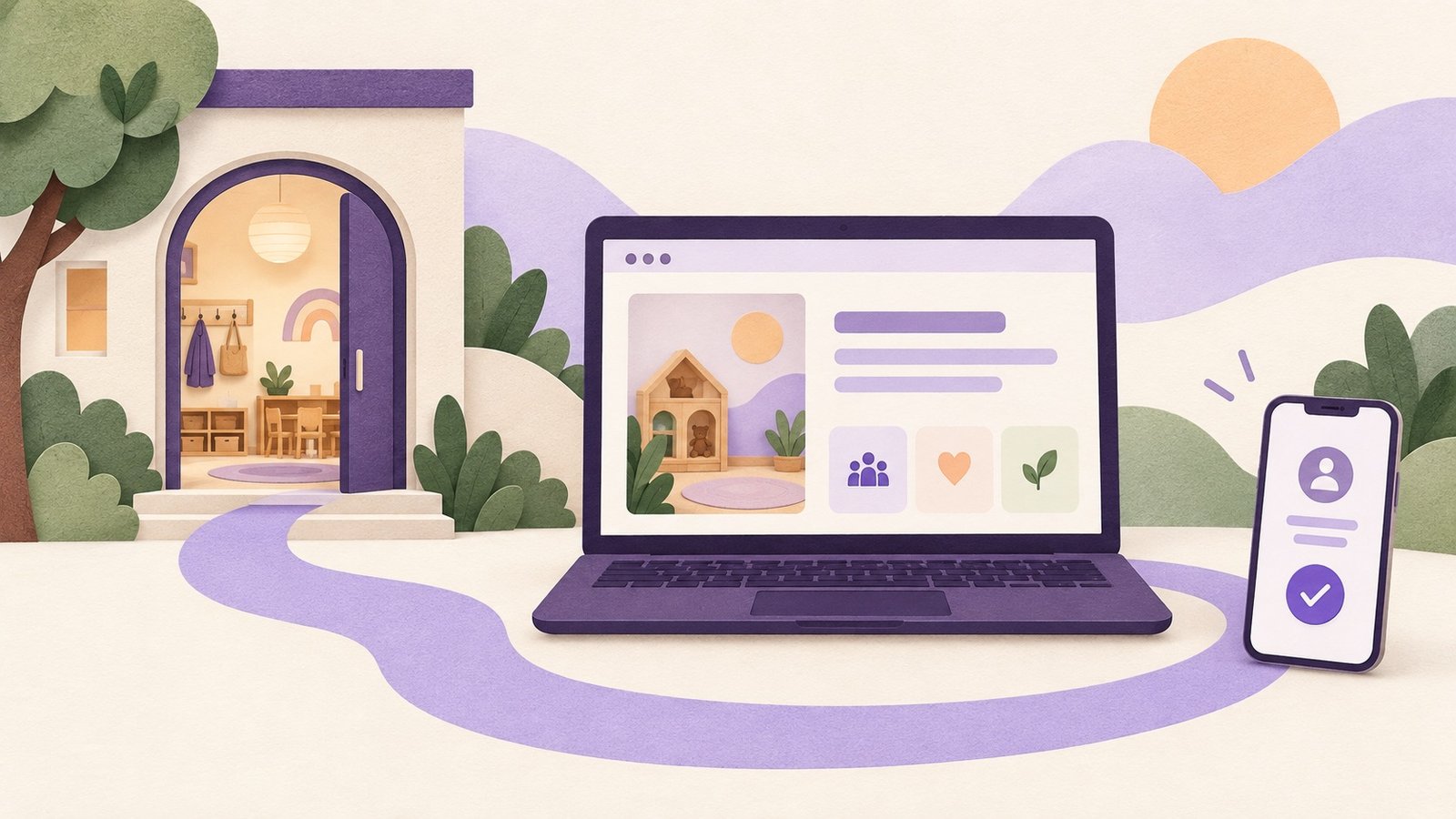 Illustration: Eine Kita, ihre Website und ein einfacher Kontaktweg auf dem Handy