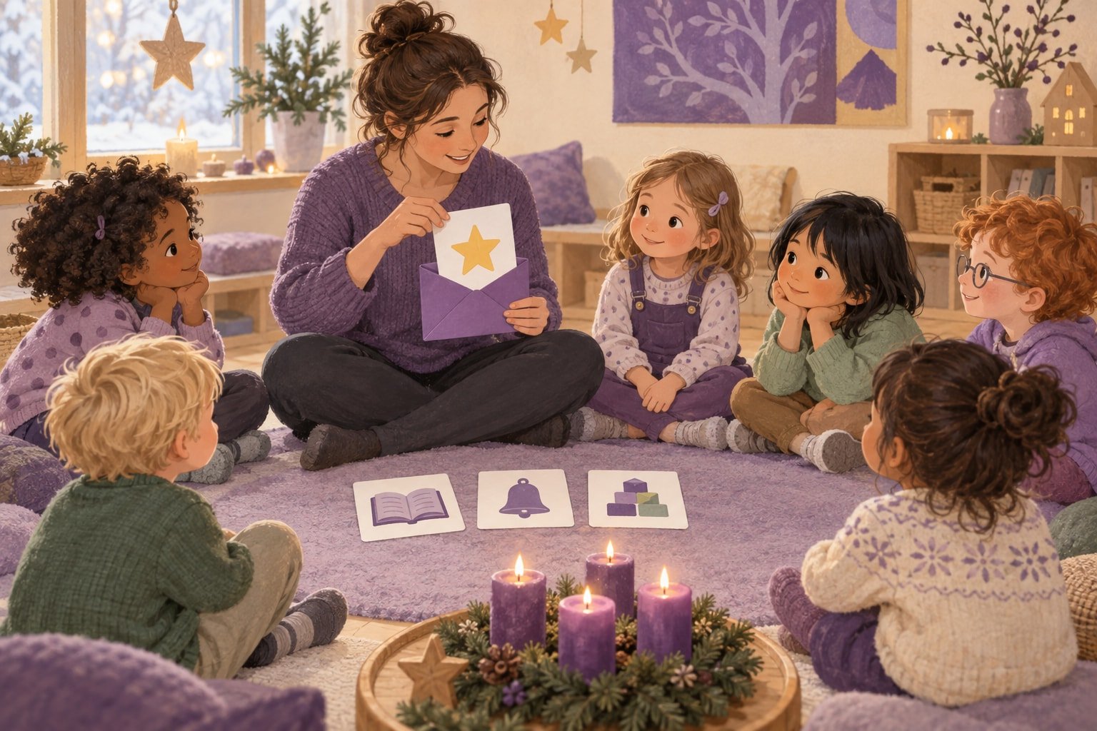 Kinder und eine pädagogische Fachkraft öffnen im Morgenkreis einen violetten Adventsumschlag mit einer gemeinsamen Aktionskarte.