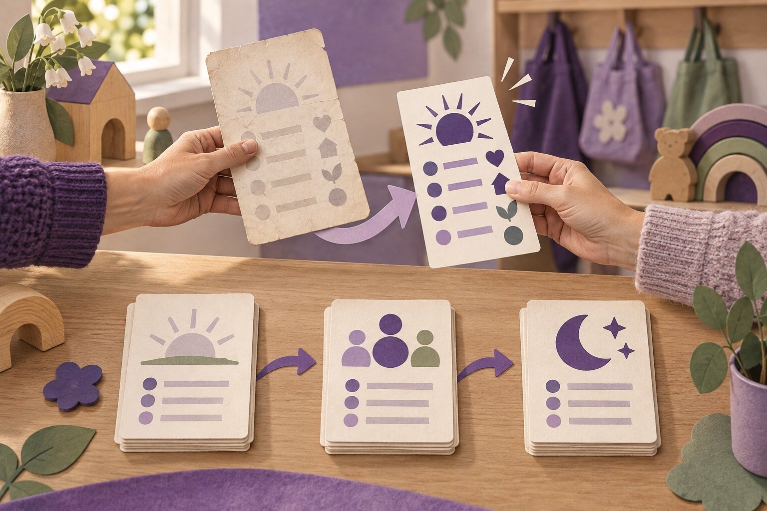 Illustrierte Schichtübergabe mit anonymisierten Karten für Frühdienst, Gruppe und Spätdienst in Violett, Creme und Salbei.
