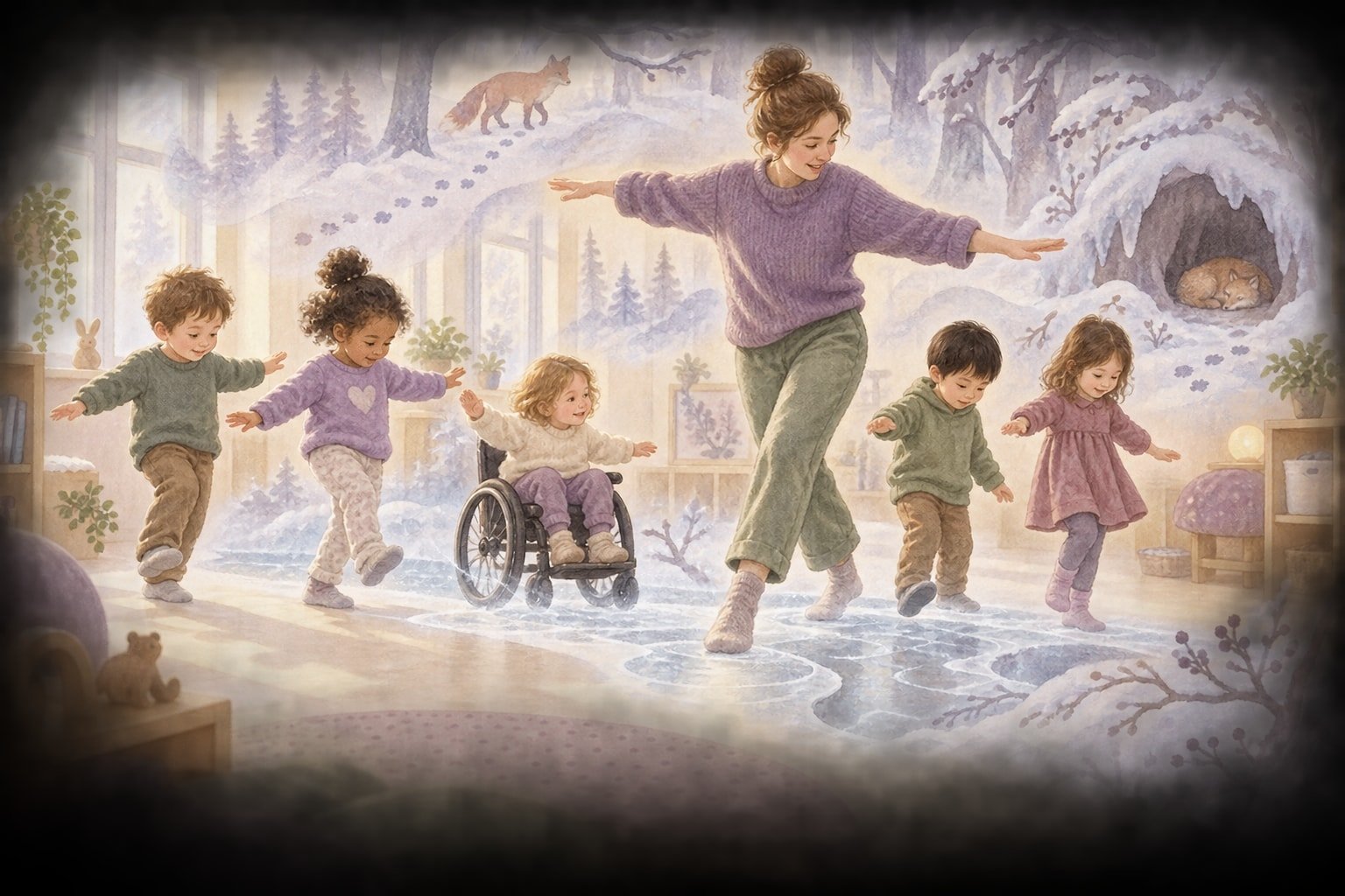 Eine Fachkraft und Kinder spielen im Gruppenraum eine Winter-Bewegungsgeschichte und balancieren durch einen gemalten Fantasie-Winterwald.