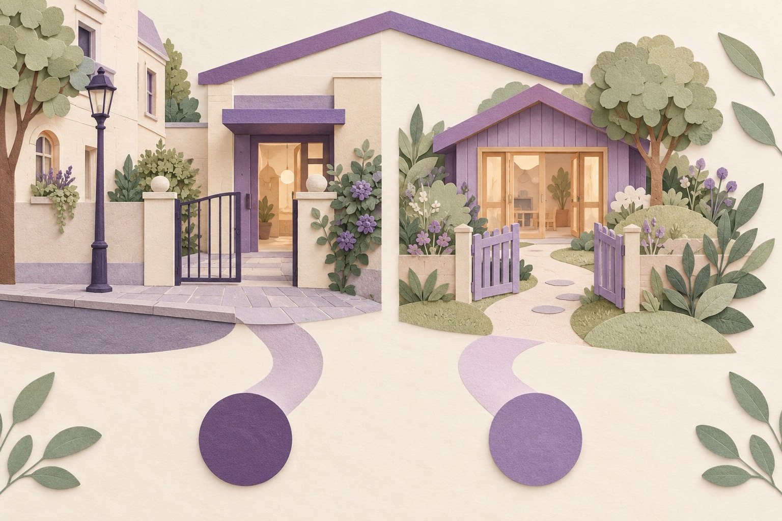Zwei unterschiedlich gestaltete Kita-Eingänge unter einem gemeinsamen violetten Trägersymbol, mit klar getrennten Wegen zu beiden Standorten.