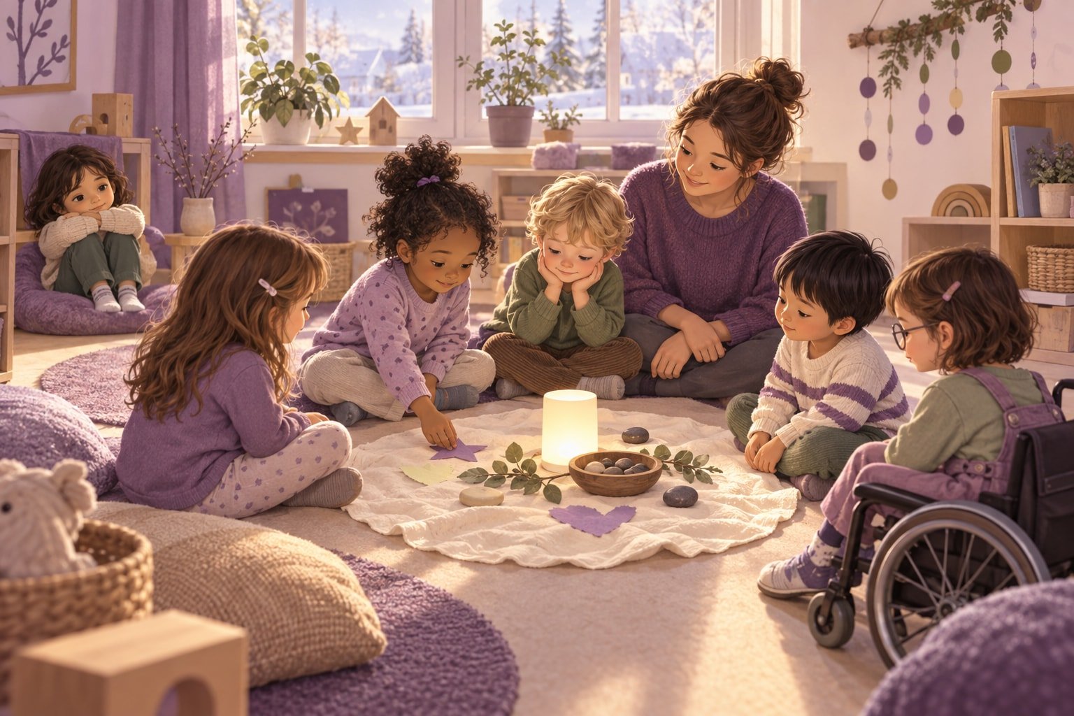 Kinder und eine Fachkraft sitzen in einem ruhigen Adventskreis um ein LED-Licht, eine Schale mit Steinen und gerissene Papierformen.