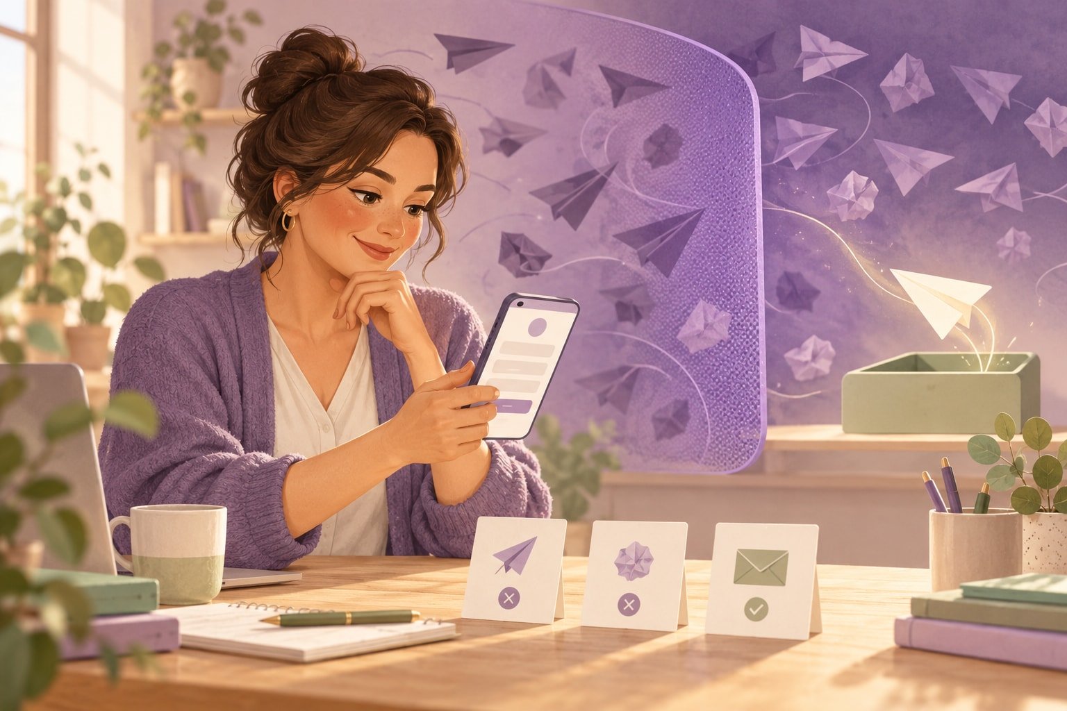 Illustration einer Kita-Leitung, die ein Kontaktformular am Smartphone testet, während ein Filter Spam von einer echten Anfrage trennt.